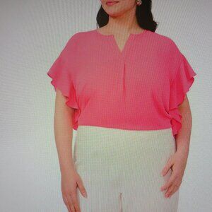 Vince Camuto Bright Pink Plus Size Flutter-Sleeve Split-Neck Blouse